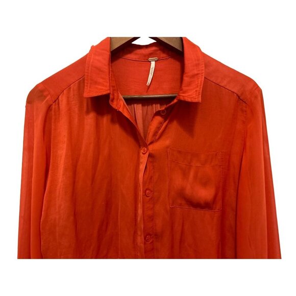 Women's Med Free People Sheer Luck Shirt Rust Orange Long Sleeve - Picture 2 of 10